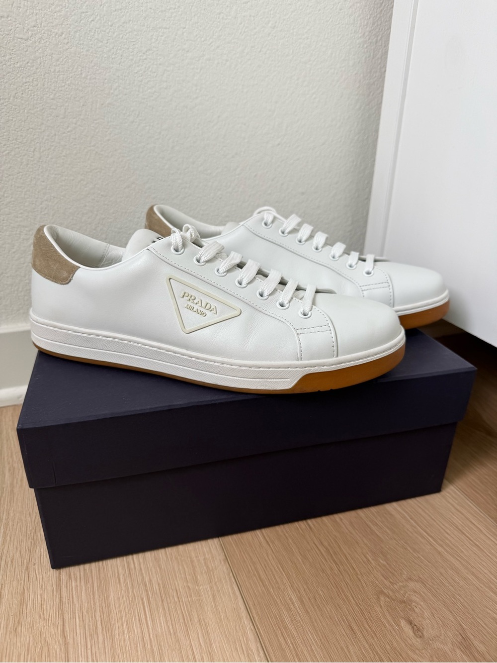 Prada Vitello soft scamosciato White Leather Low-Top Sneakers with Tan Sole